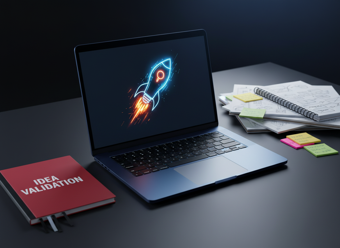 A sleek, midnight-blue laptop with a glowing, stylized lightbulb-and-rocket icon blazing across its high-resolution screen, symbolizing a startup idea taking off. The laptop rests on a clean matte-black desk surrounded by neatly arranged sketchpads filled with wireframes, colorful sticky notes, and a single bold red notebook labeled “IDEA VALIDATION.” Cool, directional studio lighting from the left carves sharp highlights along the laptop’s edges and casts confident shadows, creating a bold, cinematic atmosphere. Shot at a slightly elevated angle with shallow depth of field, the screen content is in razor focus while the background fades into soft bokeh. The photographic realism and high contrast give a futuristic, high-stakes feel that embodies incubating the future.