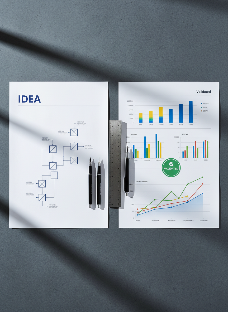 A striking, split-screen style composition in a single frame: on the left, a crisp, minimalist blueprint of a startup concept printed on bright white paper with clean, navy lines and a large “IDEA” header; on the right, a polished, full-color dashboard page printed on glossy stock, featuring vibrant charts, traction metrics, and a large green “Validated” badge. Both sheets lie on a slate-gray desk with a slim metallic ruler and fine-line pens perfectly aligned between them. Overhead, controlled studio lighting creates precise, graphic shadows, enhancing the contrast between rough concept and refined validation. Captured from directly above with sharp focus everywhere, the photographic image exudes a bold, transformative energy, illustrating the journey from raw idea to validated startup.