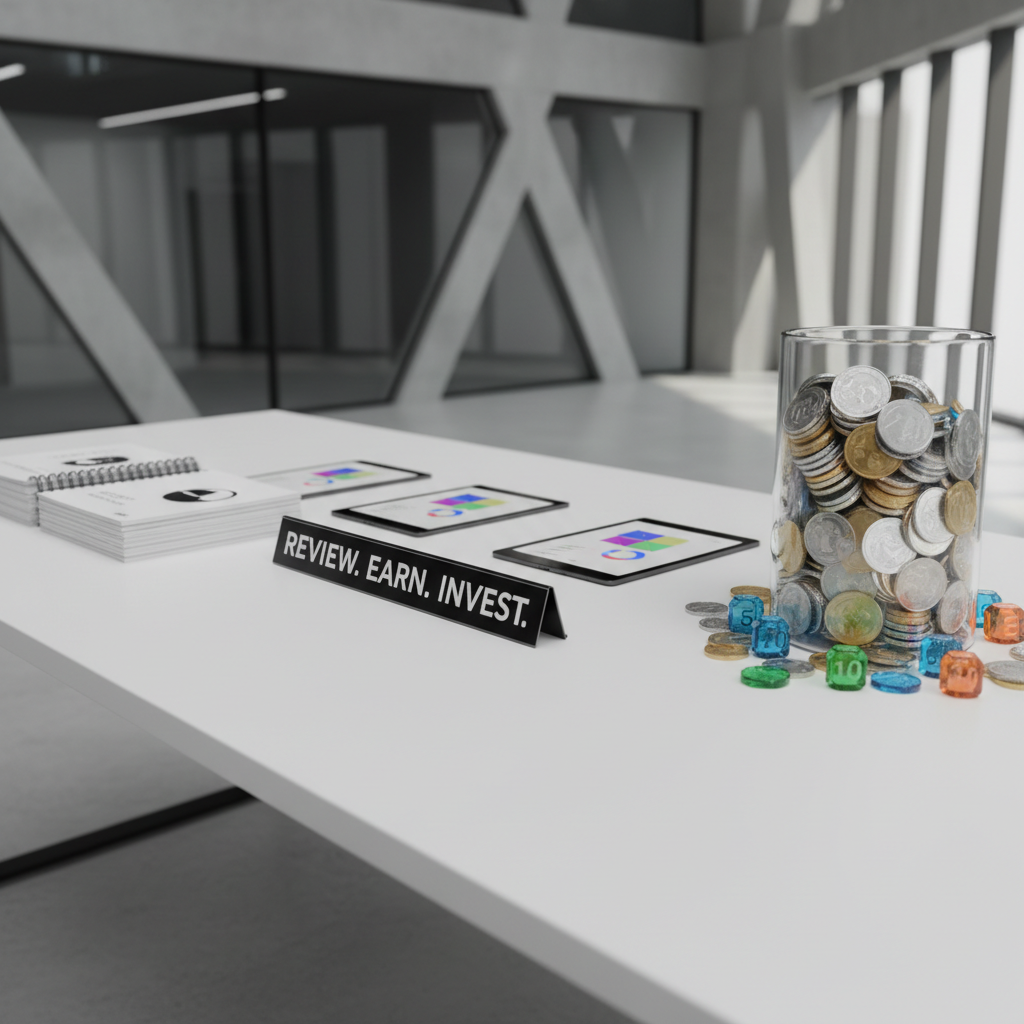 A long, matte-white table in a modern workspace covered with carefully arranged prototype artifacts: a stack of pitch decks printed on thick paper, a row of minimalist black tablets showing idea dashboards, and a transparent jar overflowing with metallic coins and small acrylic tokens labeled with point values. A sleek, black placard at the table’s center reads “Review. Earn. Invest.” in sharp, uppercase lettering. Soft, diffused window light from the right washes across the table, creating gentle gradients and subtle reflections on the tokens, while the far background fades into a tasteful blur of architectural elements. Shot from a slightly elevated, three-quarter angle with medium depth of field, the composition feels bold yet accessible, perfectly visualizing a system where reviews become real financial opportunity.